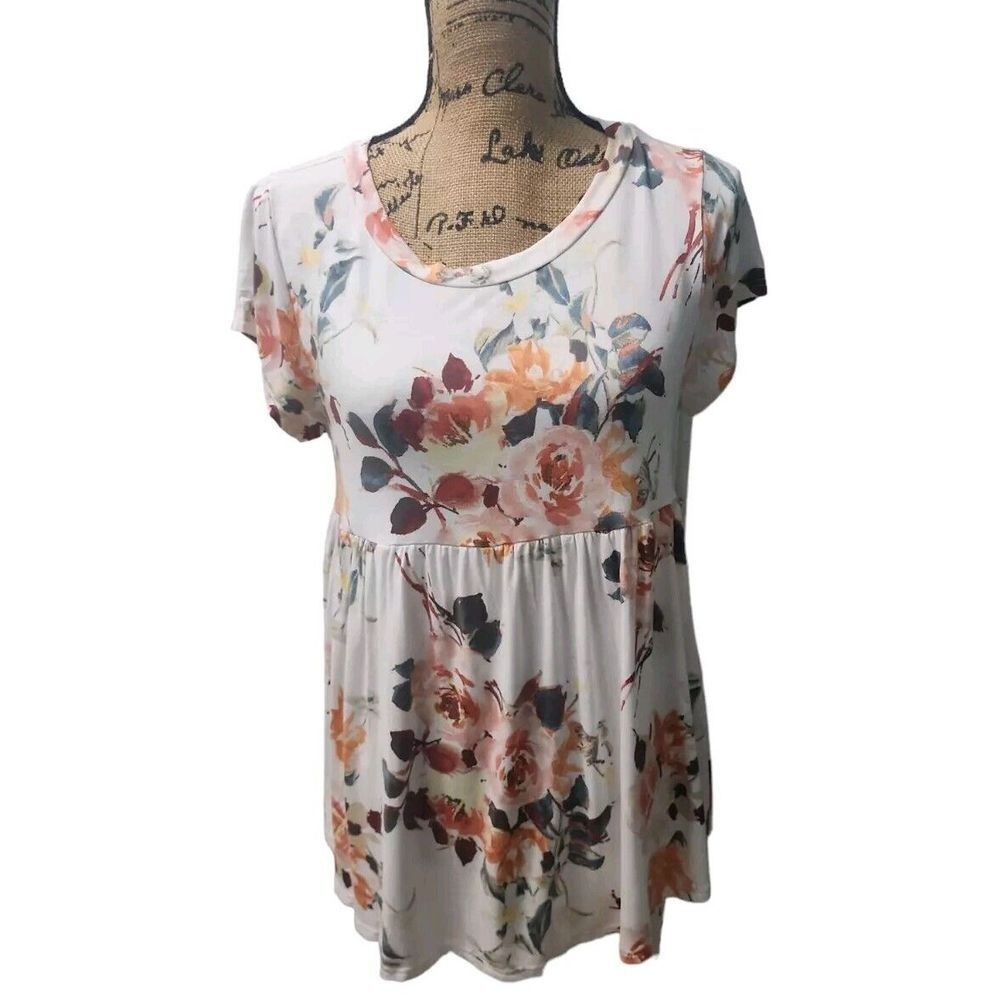 1 Clique Floral Crew Neck‎ Tunic Blouse Top Women's L White Maternity Casual